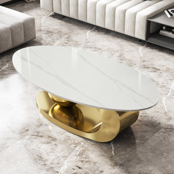 English Elm 49.2 Inch Oval Sintered Stone Coffee Table with Sculptural Titanium Steel Base Gold, White W3136S00153