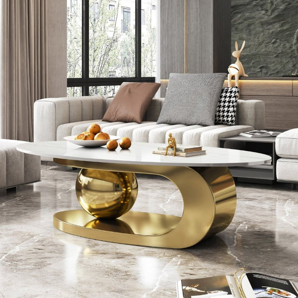 English Elm 49.2 Inch Oval Sintered Stone Coffee Table with Sculptural Titanium Steel Base Gold, White W3136S00153