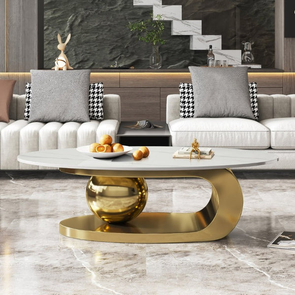 English Elm 49.2 Inch Oval Sintered Stone Coffee Table with Sculptural Titanium Steel Base Gold, White W3136S00153