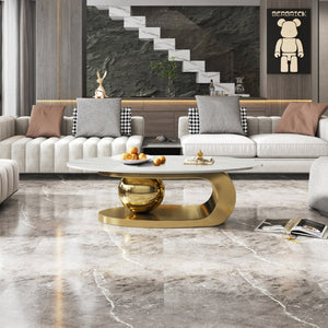 English Elm 49.2 Inch Oval Sintered Stone Coffee Table with Sculptural Titanium Steel Base Gold, White W3136S00153