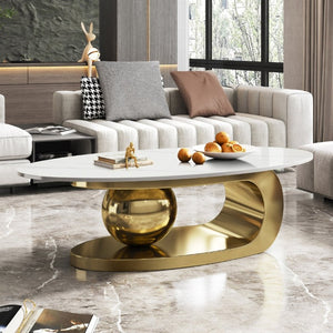 English Elm 49.2 Inch Oval Sintered Stone Coffee Table with Sculptural Titanium Steel Base Gold, White W3136S00153
