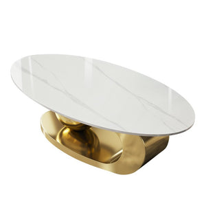 English Elm 49.2 Inch Oval Sintered Stone Coffee Table with Sculptural Titanium Steel Base Gold, White W3136S00153