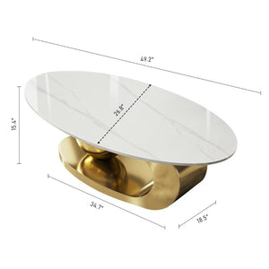 English Elm 49.2 Inch Oval Sintered Stone Coffee Table with Sculptural Titanium Steel Base Gold, White W3136S00153