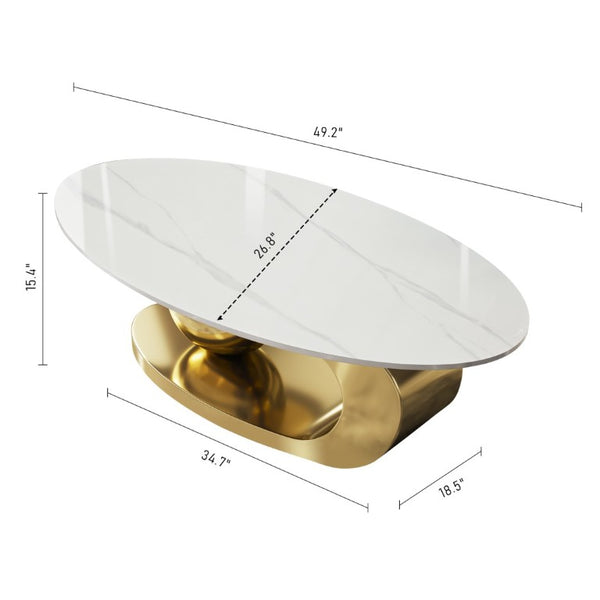 English Elm 49.2 Inch Oval Sintered Stone Coffee Table with Sculptural Titanium Steel Base Gold, White W3136S00153