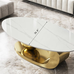 English Elm 49.2 Inch Oval Sintered Stone Coffee Table with Sculptural Titanium Steel Base Gold, White W3136S00153