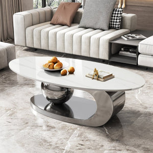 English Elm 49.2 Inch Oval Sintered Stone Coffee Table with Sculptural Titanium Steel Base Gray, White W3136S00154