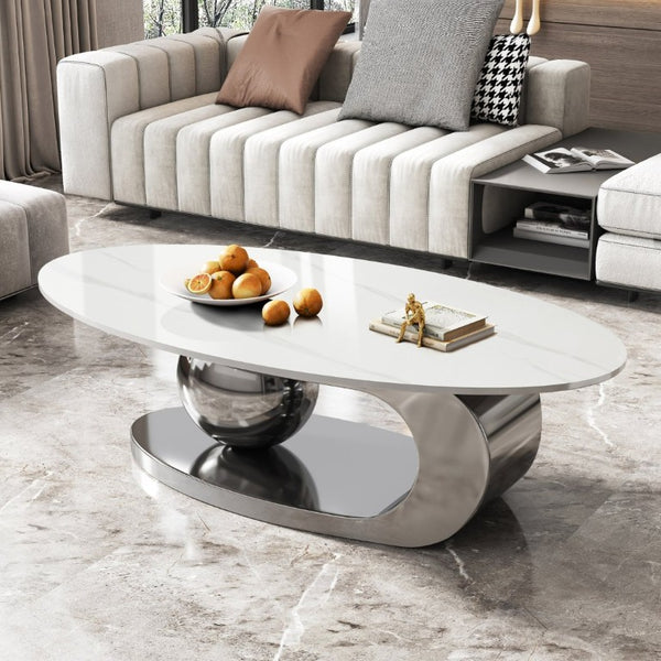 English Elm 49.2 Inch Oval Sintered Stone Coffee Table with Sculptural Titanium Steel Base Gray, White W3136S00154