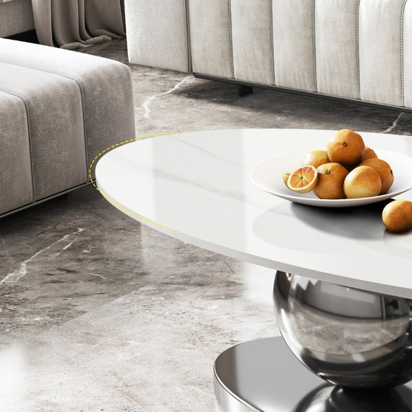 English Elm 49.2 Inch Oval Sintered Stone Coffee Table with Sculptural Titanium Steel Base Gray, White W3136S00154