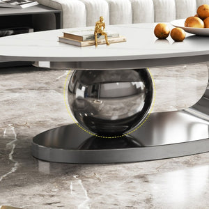 English Elm 49.2 Inch Oval Sintered Stone Coffee Table with Sculptural Titanium Steel Base Gray, White W3136S00154