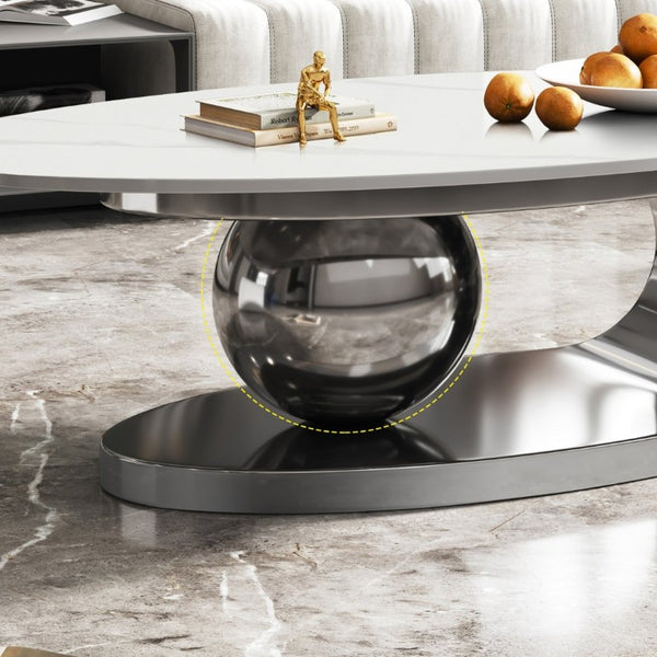 English Elm 49.2 Inch Oval Sintered Stone Coffee Table with Sculptural Titanium Steel Base Gray, White W3136S00154