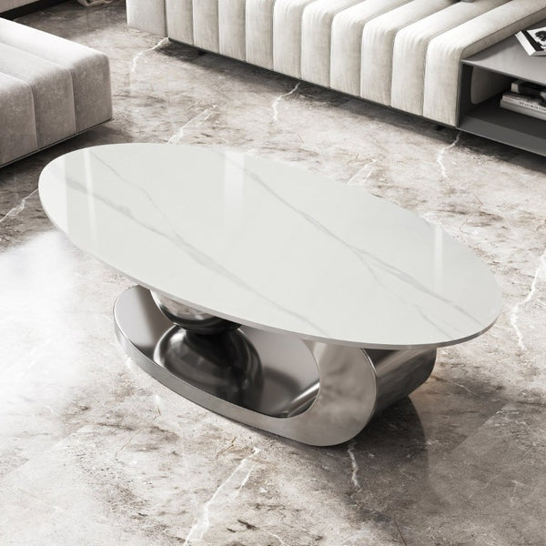 English Elm 49.2 Inch Oval Sintered Stone Coffee Table with Sculptural Titanium Steel Base Gray, White W3136S00154
