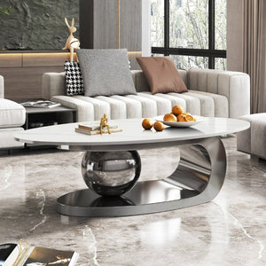 English Elm 49.2 Inch Oval Sintered Stone Coffee Table with Sculptural Titanium Steel Base Gray, White W3136S00154
