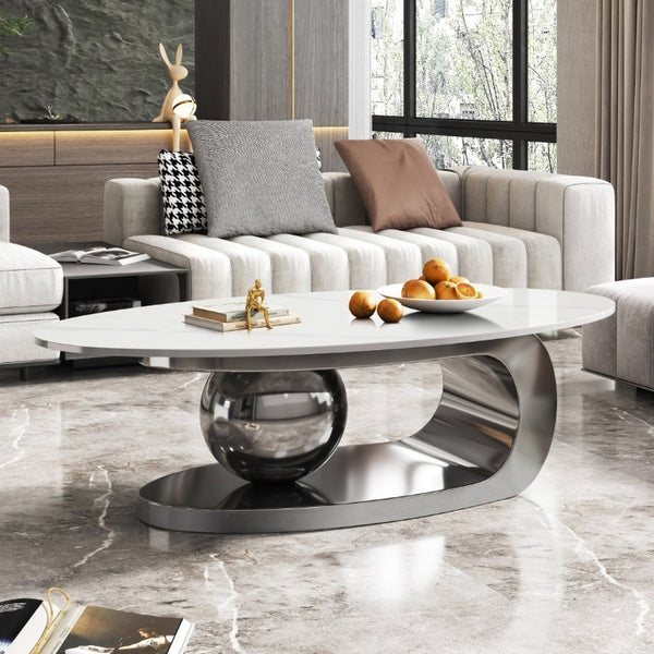 English Elm 49.2 Inch Oval Sintered Stone Coffee Table with Sculptural Titanium Steel Base Gray, White W3136S00154