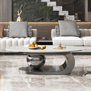 English Elm 49.2 Inch Oval Sintered Stone Coffee Table with Sculptural Titanium Steel Base Gray, White W3136S00154