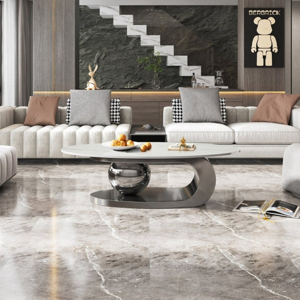English Elm 49.2 Inch Oval Sintered Stone Coffee Table with Sculptural Titanium Steel Base Gray, White W3136S00154