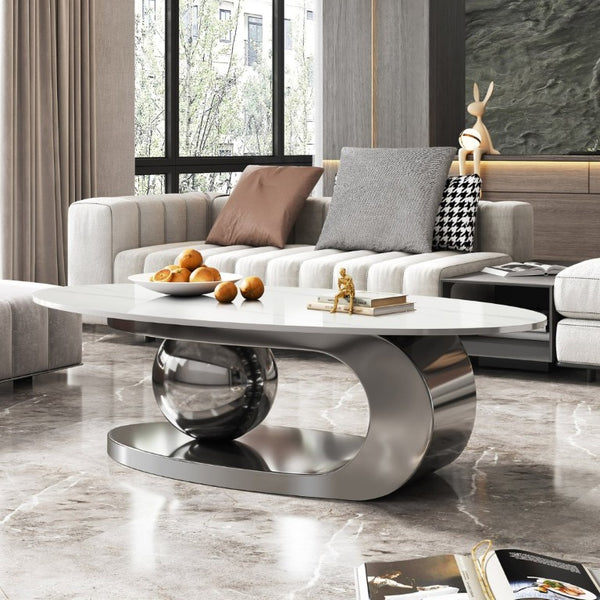 English Elm 49.2 Inch Oval Sintered Stone Coffee Table with Sculptural Titanium Steel Base Gray, White W3136S00154