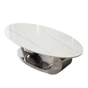English Elm 49.2 Inch Oval Sintered Stone Coffee Table with Sculptural Titanium Steel Base Gray, White W3136S00154