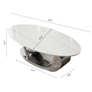 English Elm 49.2 Inch Oval Sintered Stone Coffee Table with Sculptural Titanium Steel Base Gray, White W3136S00154