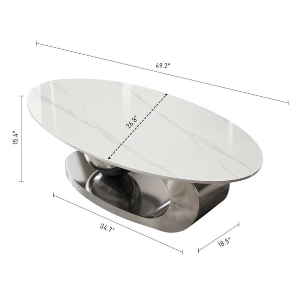 English Elm 49.2 Inch Oval Sintered Stone Coffee Table with Sculptural Titanium Steel Base Gray, White W3136S00154