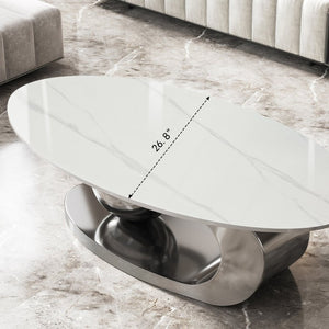 English Elm 49.2 Inch Oval Sintered Stone Coffee Table with Sculptural Titanium Steel Base Gray, White W3136S00154