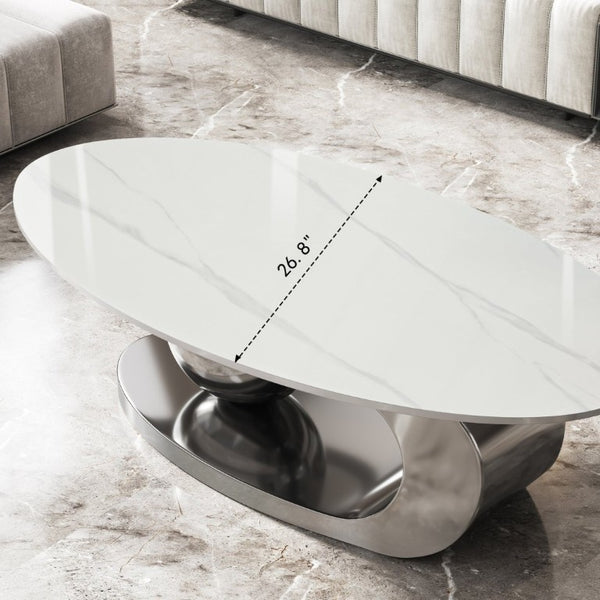 English Elm 49.2 Inch Oval Sintered Stone Coffee Table with Sculptural Titanium Steel Base Gray, White W3136S00154