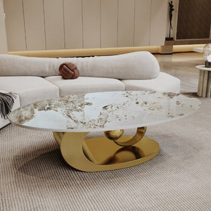 English Elm Modern Sintered Stone Coffee Table Sculptural Steel Base Living Room Centerpiece Gold+White W3136S00155
