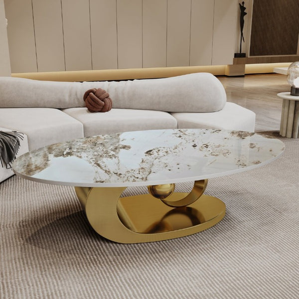 English Elm Modern Sintered Stone Coffee Table Sculptural Steel Base Living Room Centerpiece Gold+White W3136S00155