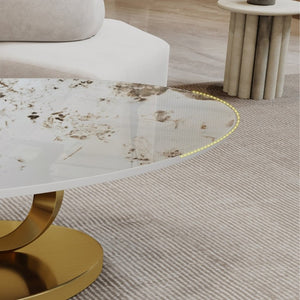English Elm Modern Sintered Stone Coffee Table Sculptural Steel Base Living Room Centerpiece Gold+White W3136S00155