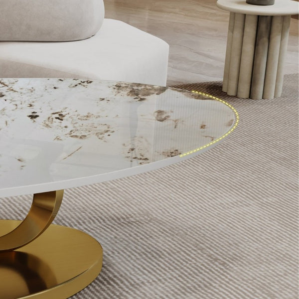 English Elm Modern Sintered Stone Coffee Table Sculptural Steel Base Living Room Centerpiece Gold+White W3136S00155