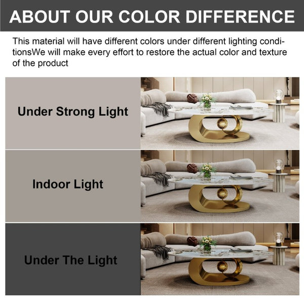 English Elm Modern Sintered Stone Coffee Table Sculptural Steel Base Living Room Centerpiece Gold+White W3136S00155