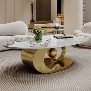 English Elm Modern Sintered Stone Coffee Table Sculptural Steel Base Living Room Centerpiece Gold+White W3136S00155