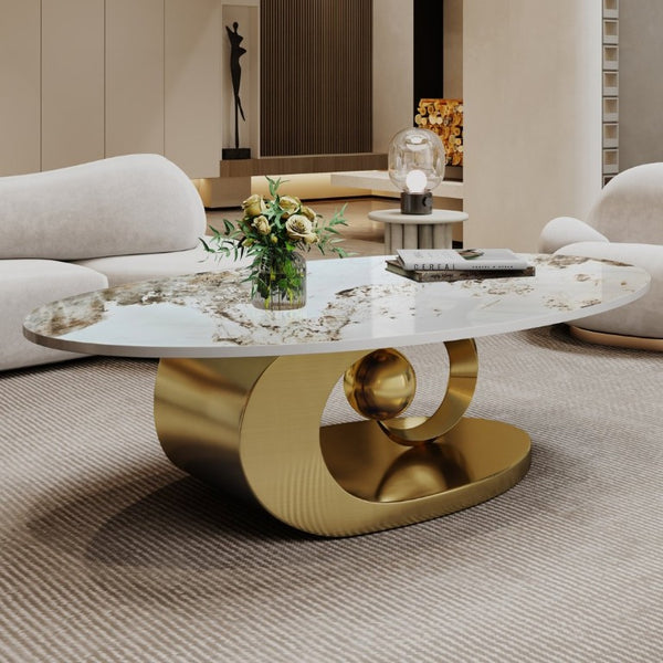 English Elm Modern Sintered Stone Coffee Table Sculptural Steel Base Living Room Centerpiece Gold+White W3136S00155