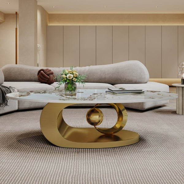 English Elm Modern Sintered Stone Coffee Table Sculptural Steel Base Living Room Centerpiece Gold+White W3136S00155