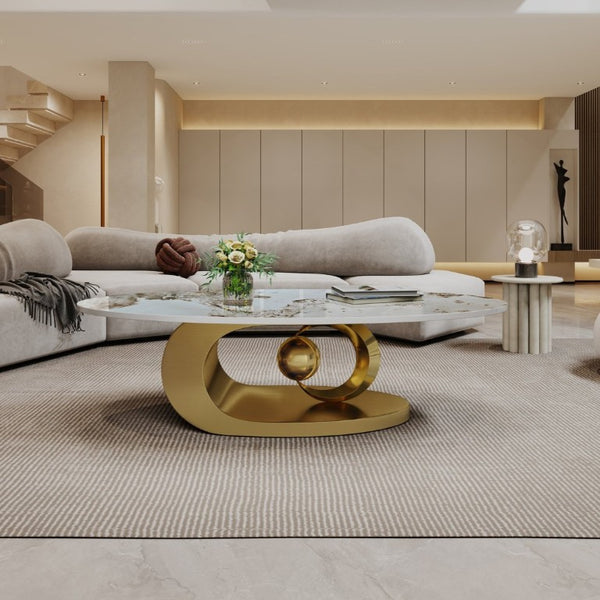 English Elm Modern Sintered Stone Coffee Table Sculptural Steel Base Living Room Centerpiece Gold+White W3136S00155