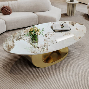 English Elm Modern Sintered Stone Coffee Table Sculptural Steel Base Living Room Centerpiece Gold+White W3136S00155