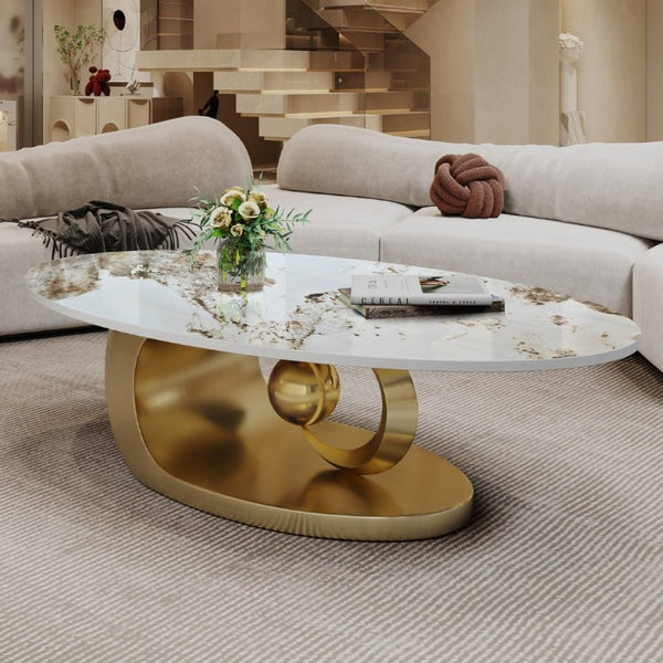 English Elm Modern Sintered Stone Coffee Table Sculptural Steel Base Living Room Centerpiece Gold+White W3136S00155