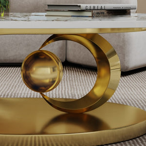 English Elm Modern Sintered Stone Coffee Table Sculptural Steel Base Living Room Centerpiece Gold+White W3136S00155