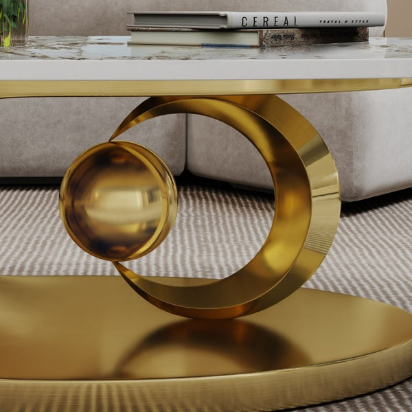 English Elm Modern Sintered Stone Coffee Table Sculptural Steel Base Living Room Centerpiece Gold+White W3136S00155