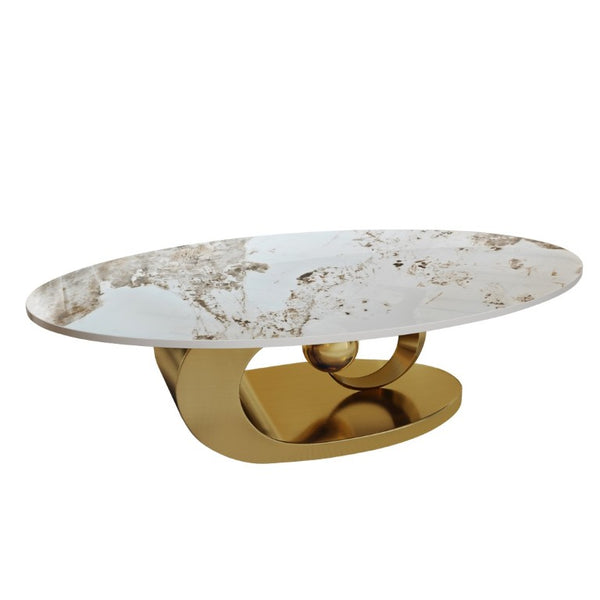English Elm Modern Sintered Stone Coffee Table Sculptural Steel Base Living Room Centerpiece Gold+White W3136S00155