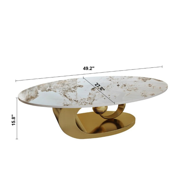 English Elm Modern Sintered Stone Coffee Table Sculptural Steel Base Living Room Centerpiece Gold+White W3136S00155