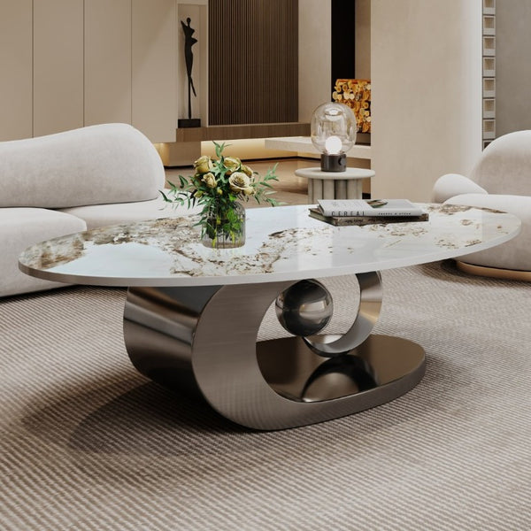 English Elm Modern Sintered Stone Coffee Table Sculptural Steel Base Living Room Centerpiece Grey+White W3136S00156