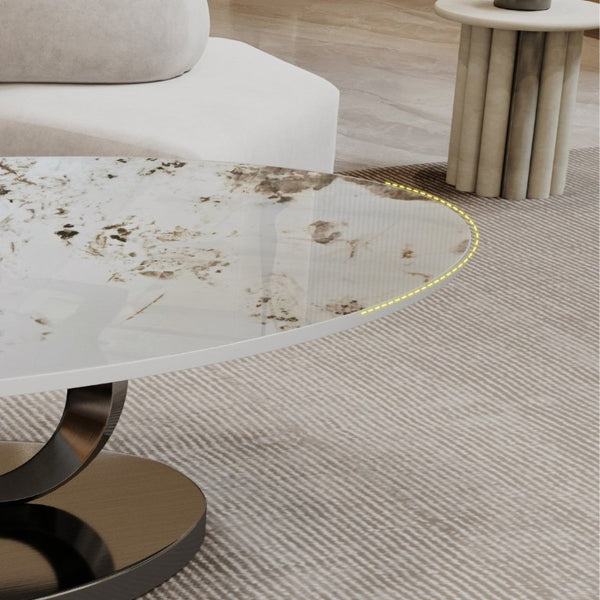 English Elm Modern Sintered Stone Coffee Table Sculptural Steel Base Living Room Centerpiece Grey+White W3136S00156