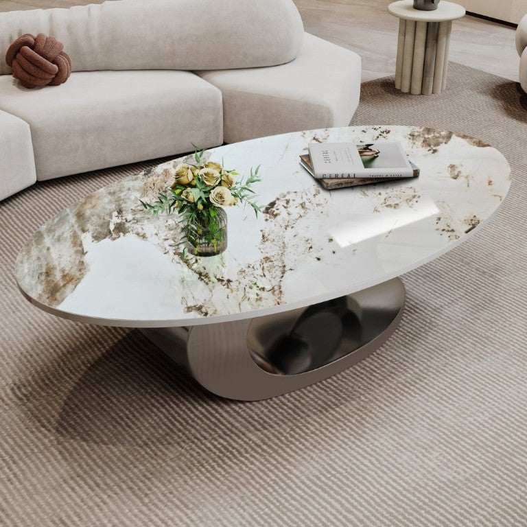 English Elm Modern Sintered Stone Coffee Table Sculptural Steel Base Living Room Centerpiece Grey+White W3136S00156
