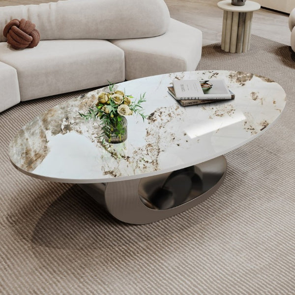 English Elm Modern Sintered Stone Coffee Table Sculptural Steel Base Living Room Centerpiece Grey+White W3136S00156