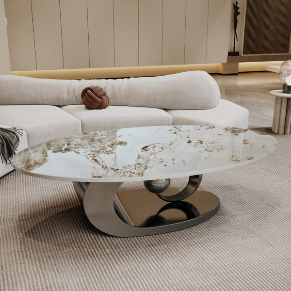 English Elm Modern Sintered Stone Coffee Table Sculptural Steel Base Living Room Centerpiece Grey+White W3136S00156