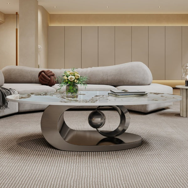 English Elm Modern Sintered Stone Coffee Table Sculptural Steel Base Living Room Centerpiece Grey+White W3136S00156