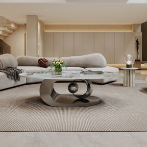 English Elm Modern Sintered Stone Coffee Table Sculptural Steel Base Living Room Centerpiece Grey+White W3136S00156