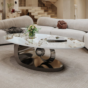 English Elm Modern Sintered Stone Coffee Table Sculptural Steel Base Living Room Centerpiece Grey+White W3136S00156