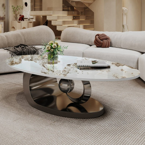English Elm Modern Sintered Stone Coffee Table Sculptural Steel Base Living Room Centerpiece Grey+White W3136S00156