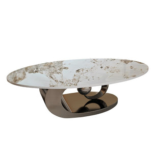 English Elm Modern Sintered Stone Coffee Table Sculptural Steel Base Living Room Centerpiece Grey+White W3136S00156